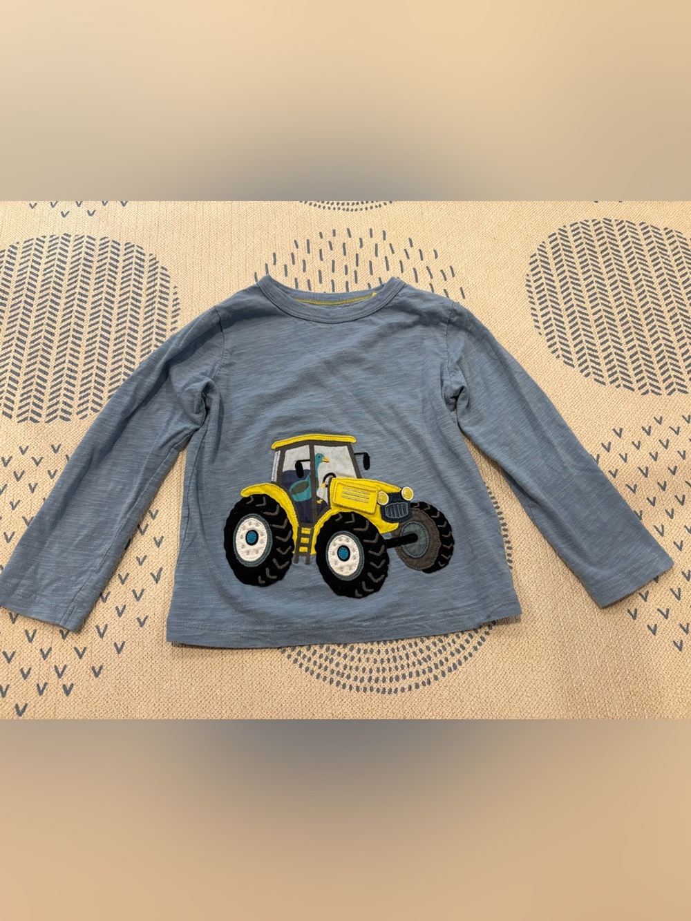 Mini Boden lift the flap Blue Long-Sleeve Top with Yellow Tractor Applique 3-4